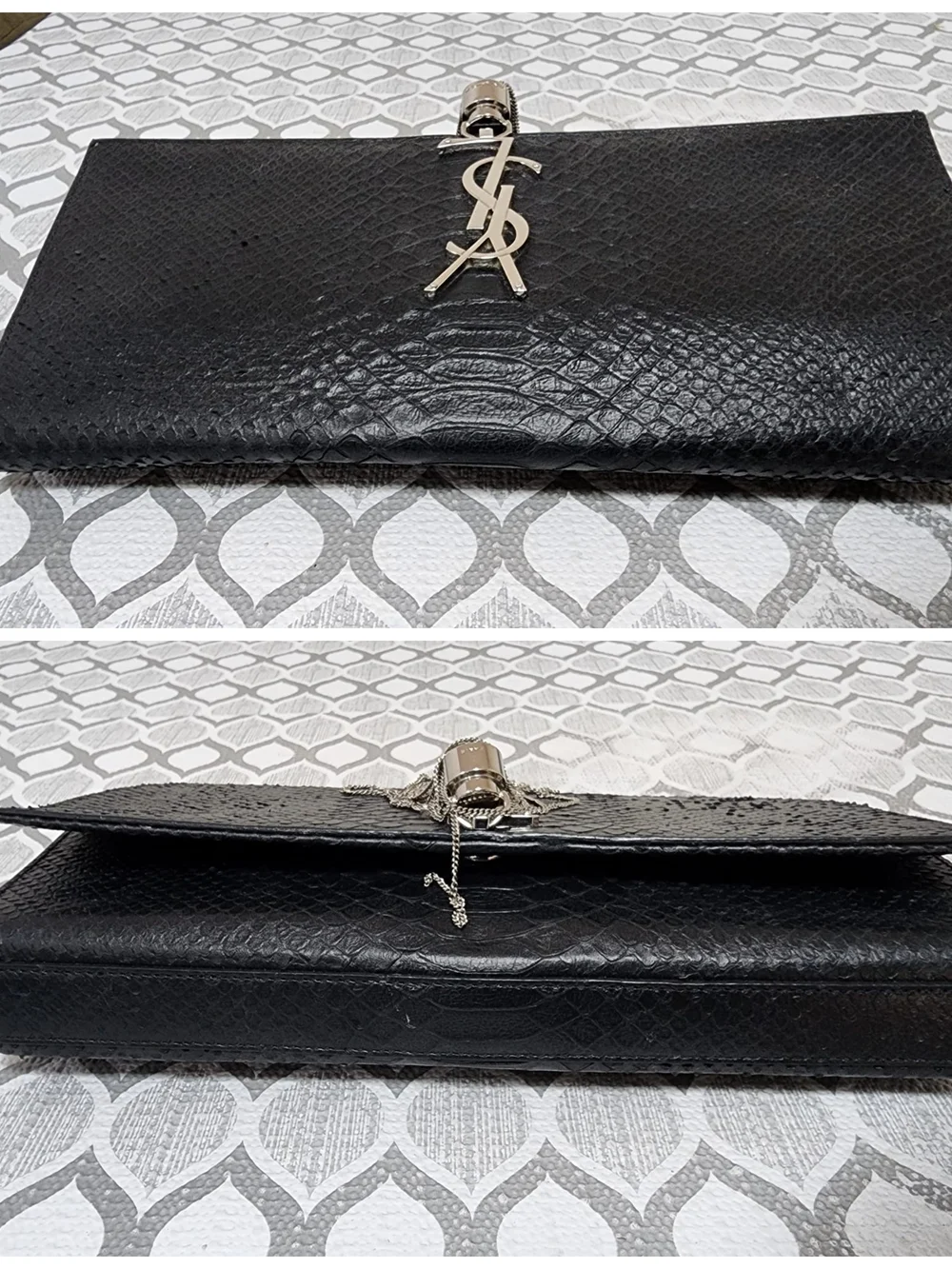 YVES SAINT LAURENT Croc Embossed Leather Tassel Kate Clutch Bag Black - Picture 7 of 11